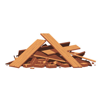 Construction debris pile with wooden planks and broken bricks