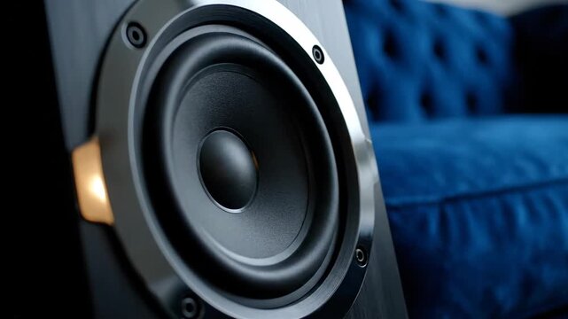 Close-up macro view of a sophisticated loudspeaker component, showcasing advanced audio technology for high-quality home music sound system.