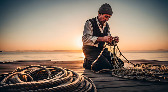 An elderly man concentrated on repairing a large fishing net while kneeling on a dock during golden hour
