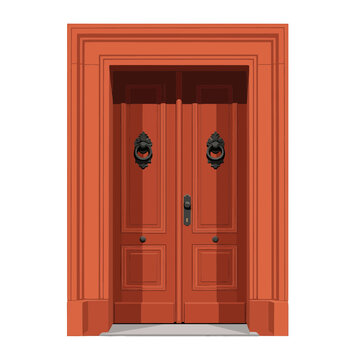 Ornate red wooden double door with knockers vector illustration