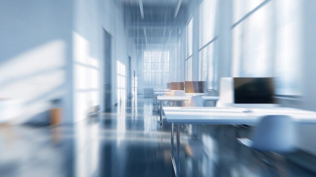 Dynamic Office Vista: A modern office space, awash in natural light, with a blurred effect conveying a sense of speed and progress.