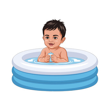 Happy baby boy playing in a small inflatable pool vector illustration