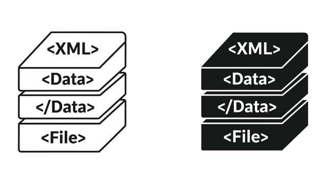 Black and white stack of data file icons with xml and file labels