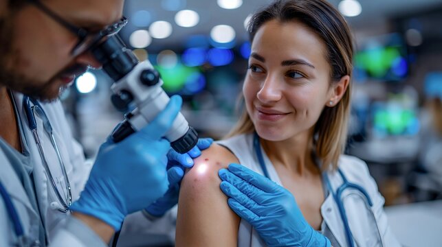 Dermatologist marks skin and examines a shoulder mole during a clinic visit
