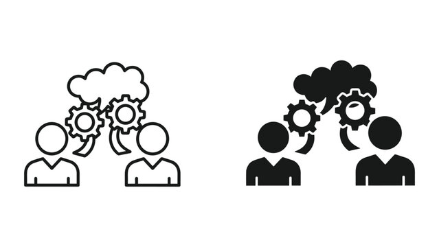 Vector illustration of two people with gears and thought bubbles, symbolizing teamwork and creative problem solving