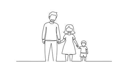 Obraz premium Happy family continuous line art drawing with parents and child holding hands together
