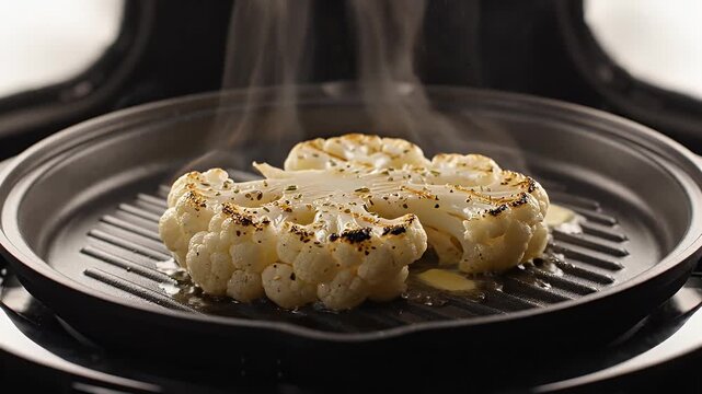Steaming Grilled Cauliflower Steak on a Griddle Pan with Seasoning and Oil