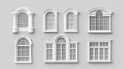 Obraz premium Architectural white windows collection on gray background, decorative window frames, various styles, 3D illustration, for interior design, presentations, and 3D modeling