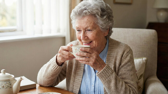 Elderly woman smiling while sipping tea at home in cozy setting  
