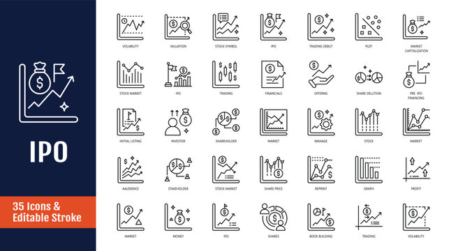IPO icon set. Includes stocks, trading, shares, equity, stock market, public offering. Outline icon with Editable stroke. Vector illustration