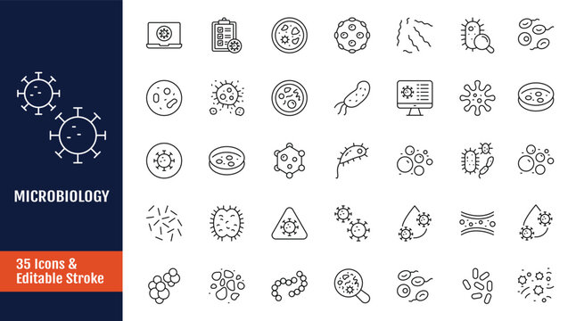 Microbiology line icon set. Outline icon with Editable stroke. Vector illustration