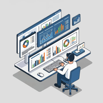 Isometric illustration of a man working with multiple computer monitors displaying graphs and charts.