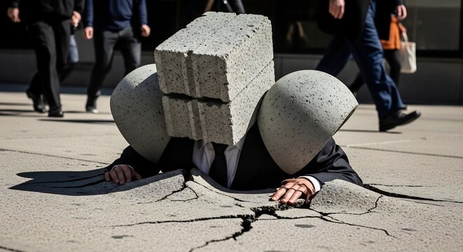Man crushed by concrete block on cracked street with people walking by.