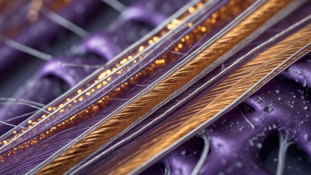 Extreme macro texture of deep violet lab-grown mycelium leather woven with synthetic amber and silver metallic threads