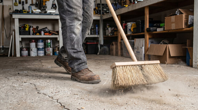 Man sweeping garage floor with broom while standing on concrete