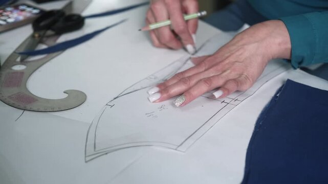 Designer fabric. Garment making. Professional seamstress erasing pencil lines on pattern. Female hand creating clothing paper model on table.