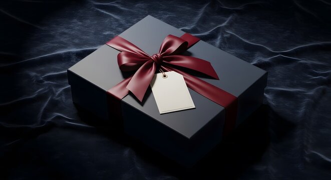 Dark charcoal luxury gift box tied with deep burgundy satin ribbon and cream colored tag resting on dark velvet fabric background for premium events.