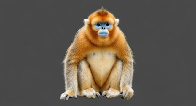 Golden snub-nosed monkey sitting against a dark background showcasing its unique facial features and fur