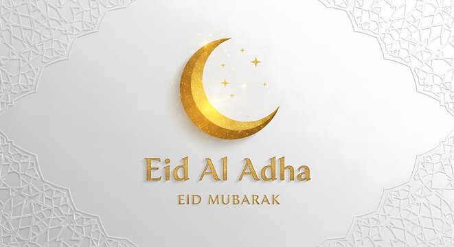 Celebratory graphic for eid al adha featuring a crescent moon and festive stars