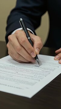 スーツ姿のビジネスマンが契約書に万年筆で署名する手元