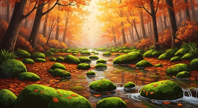 Serene autumn stream with mossy rocks and golden trees