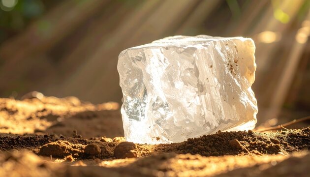 A Large, Rough Block of Natural Rock Salt With a Translucent Surface Texture Resting on Earthy Ground