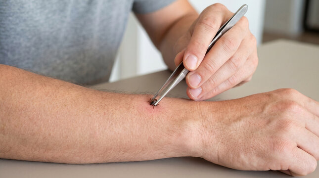 Man removing tick from arm with metal tweezers indoors  