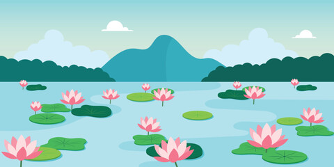 lotus pond beautiful landscape flat design illustration © Thitaporn