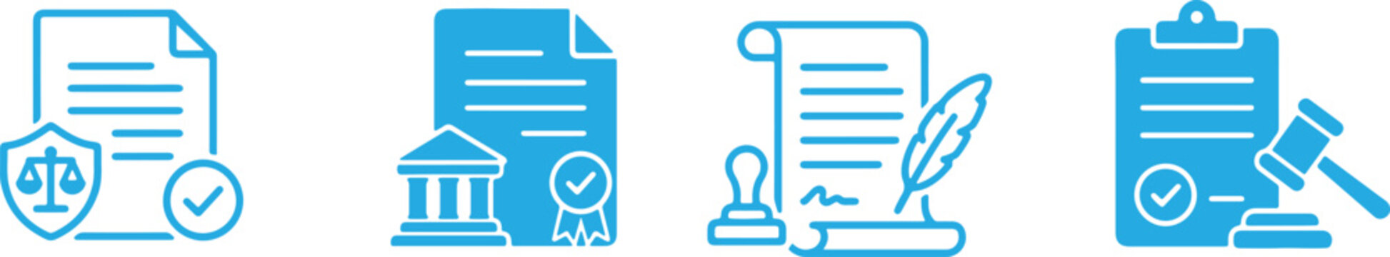 Collection of legal and justice icons including gavel, scales, book, courthouse, briefcase, and contract
