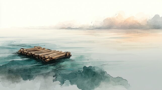 A peaceful wooden raft floats gently on calm water under a serene, pastel-colored sky with distant mountains and soft clouds.