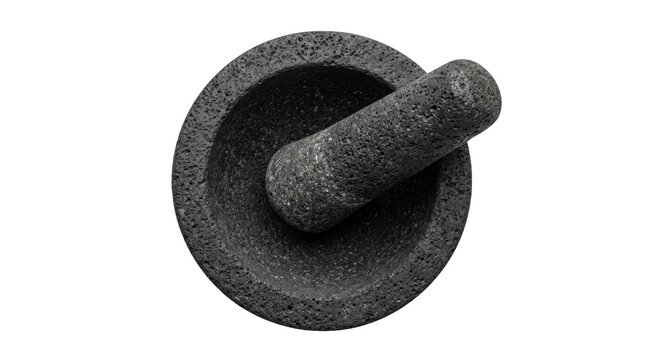 Top view of dark stone mortar and pestle