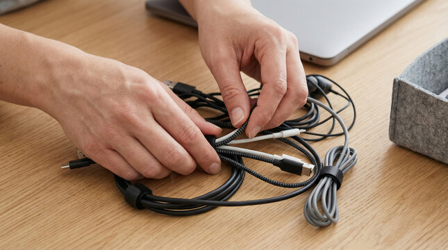 Organizing tangled cables and cords on wooden desk with hands  