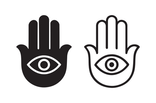 Two hamsa hands with eyes one filled and one outlined