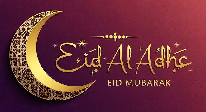 Celebratory graphic for eid al-adha featuring a crescent moon and festive text