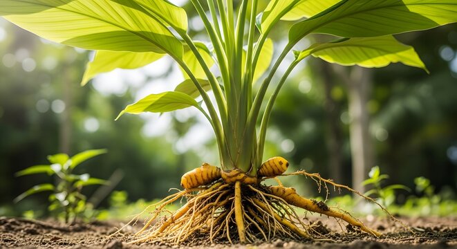 Close-up of a vibrant turmeric plant with visible roots and rhizomes emerging from the soil, bathed in soft, natural sunlight