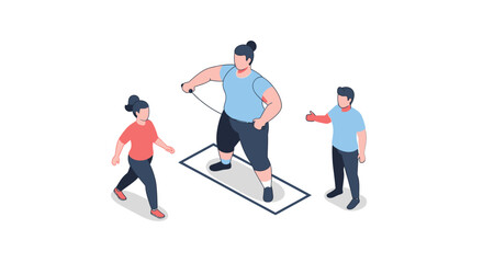 Fototapeta premium Isometric illustration of three people exercising together on white background.