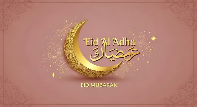 Celebratory eid al-adha greeting card with a golden crescent moon and arabic script