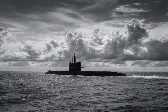 潜水艦は曇り空の下、水中を航行します