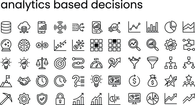 Analytics based decisions line icon set for data analysis business intelligence performance tracking and digital strategy applications