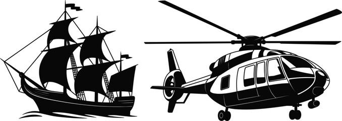 Silhouettes of vintage sailing ship and modern helicopter showing evolution of transportation across eras © Masud