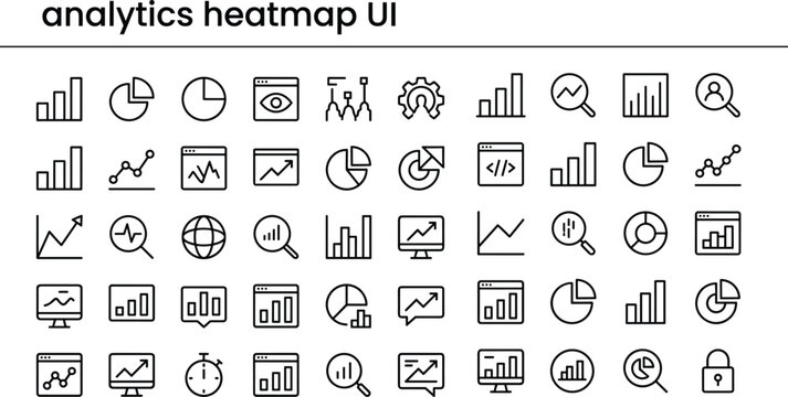 Analytics heatmap interface line icon set for data visualization user behavior tracking dashboard and digital analysis applications