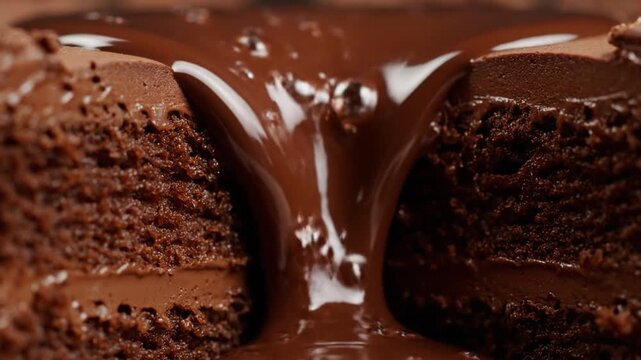 Chocolate cake with rich chocolate sauce pouring down