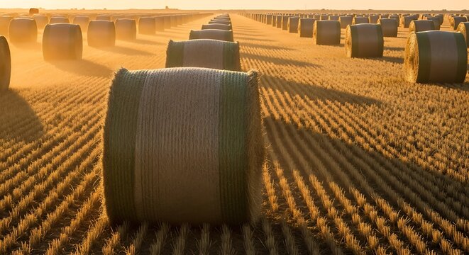 Large round alfalfa bales resting in a golden harvested field at sunset with long shadows and symmetrical rows stretching towards the distant horizon