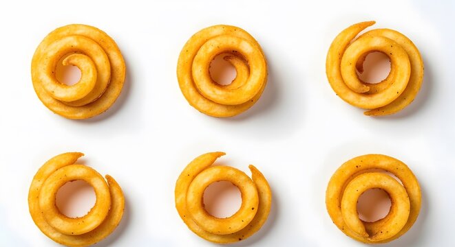 Six golden brown curly fries arranged in a grid pattern on a white background, capturing the appetizing texture and shape of the popular potato snack