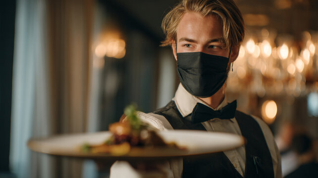 A waiter wearing a face mask holds a plate of food in a restaurant