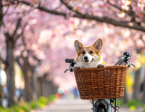 Cute Corgi Puppy Riding in Bike Basket Through Blooming Sakura Trees