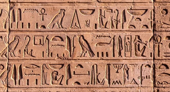 Ancient Egyptian hieroglyphics carved on a stone wall
