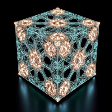 Abstract 3D Cube with Neon Lines Displaying Repeating Chromatic Patterns and GPU Rendering