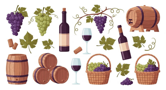 Vineyard Wine Vector Set with Grapes, Bottles, Glasses and Rustic Harvest Elements in Flat Isolated Style