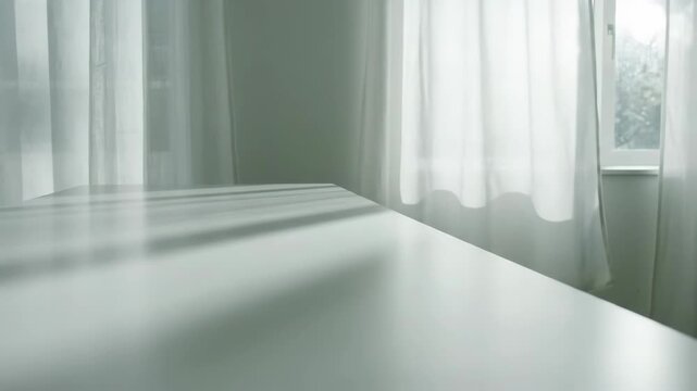 Clean, empty desk workspace bathed in soft natural daylight; a minimalist surface for modern home office planning.